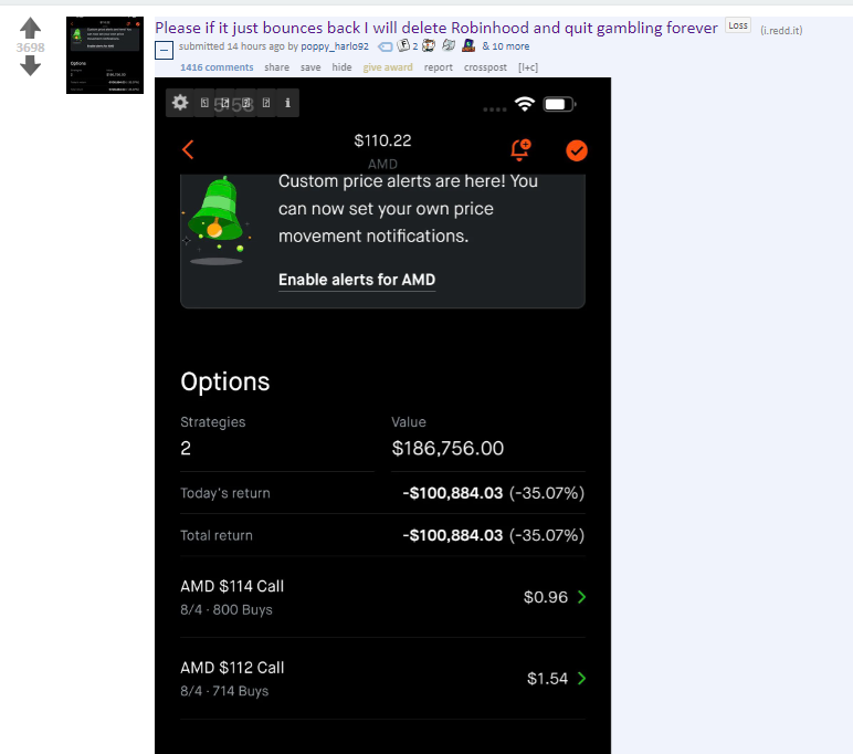 Screenshot of a trader from reddit who lost over $100,000 trading AMD options