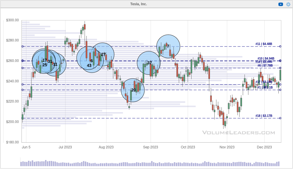 TSLA Volume Leaders chart since June 1, 2023