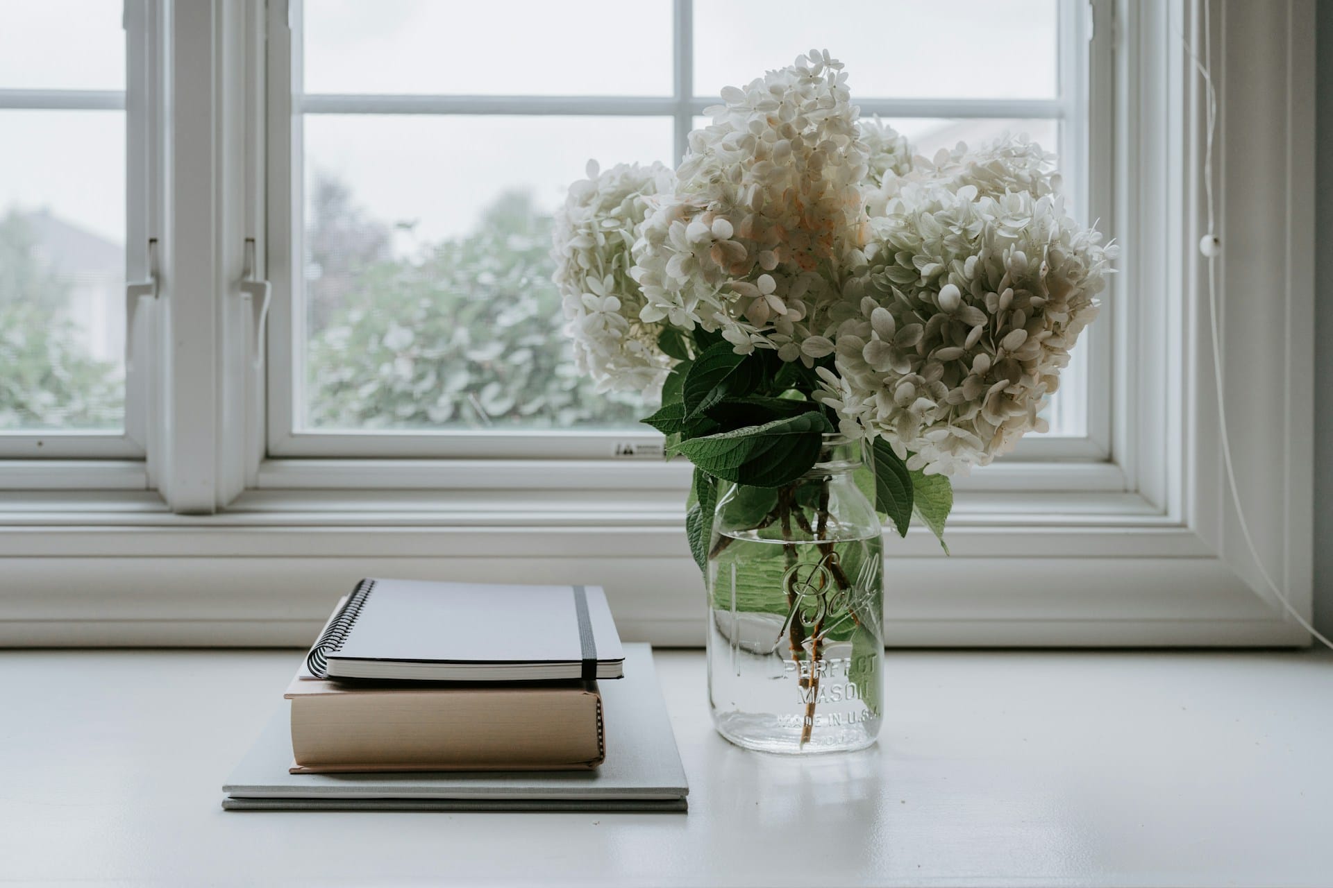 Books and notepads near a window with white flowers nearby