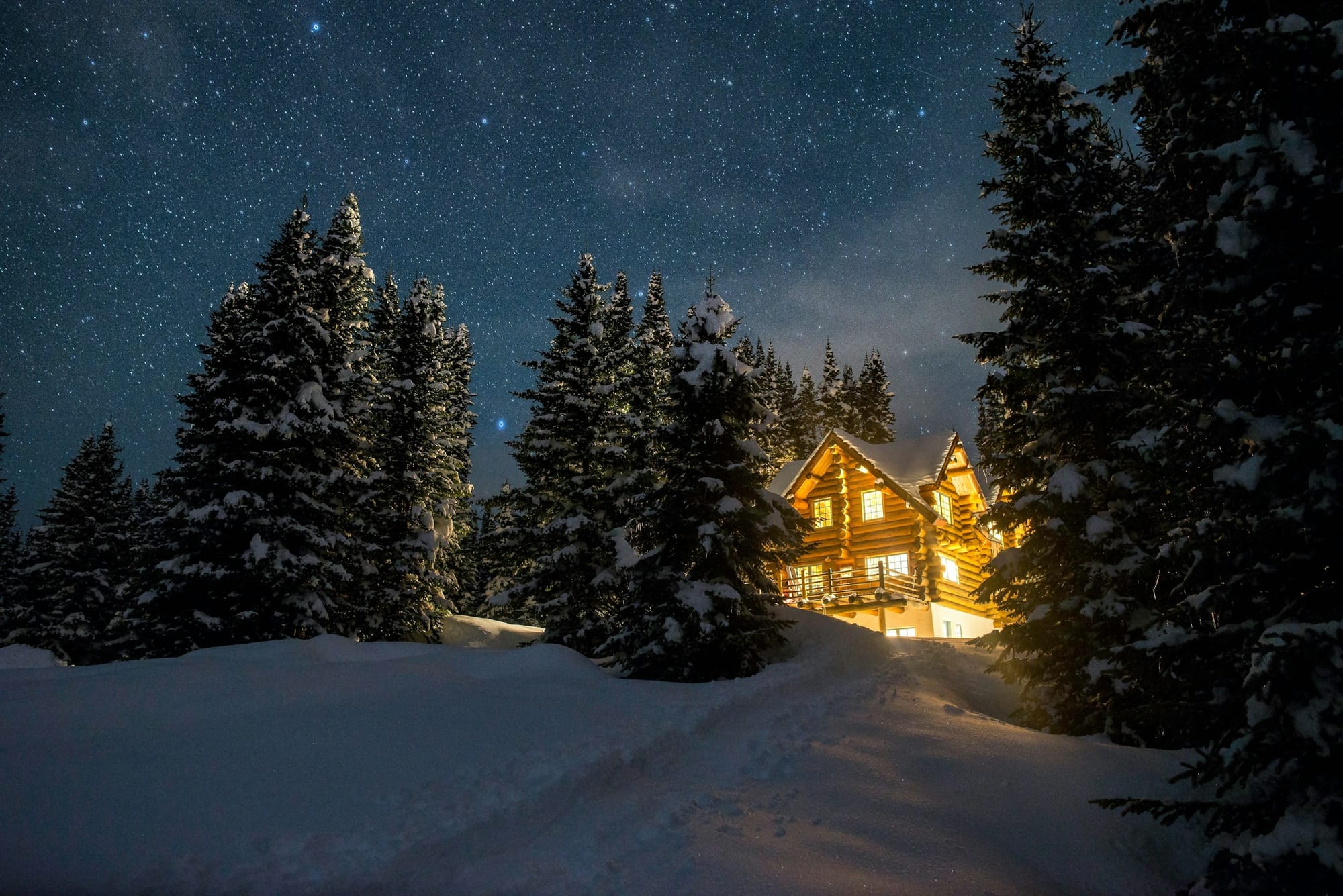 Cabin in the woods at night time surrounded by trees and snow